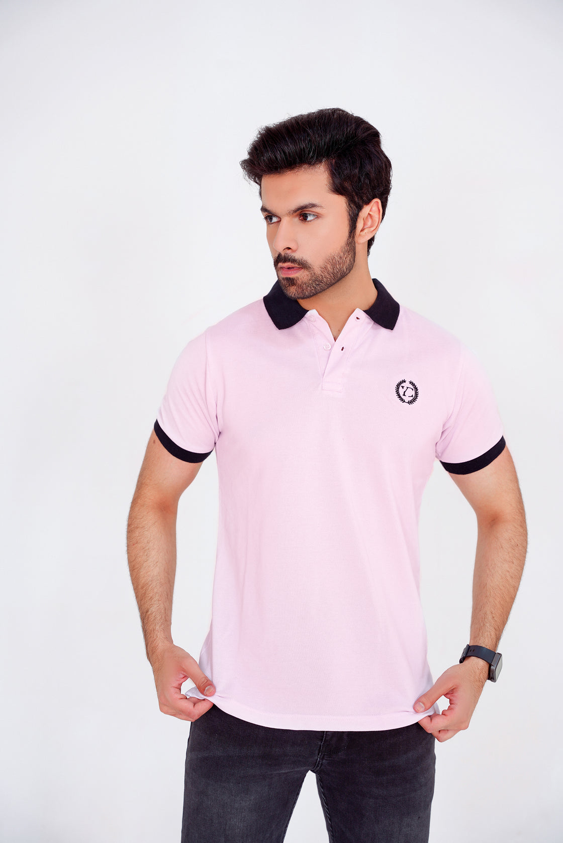 Pink Contrast Black Collar Shirt