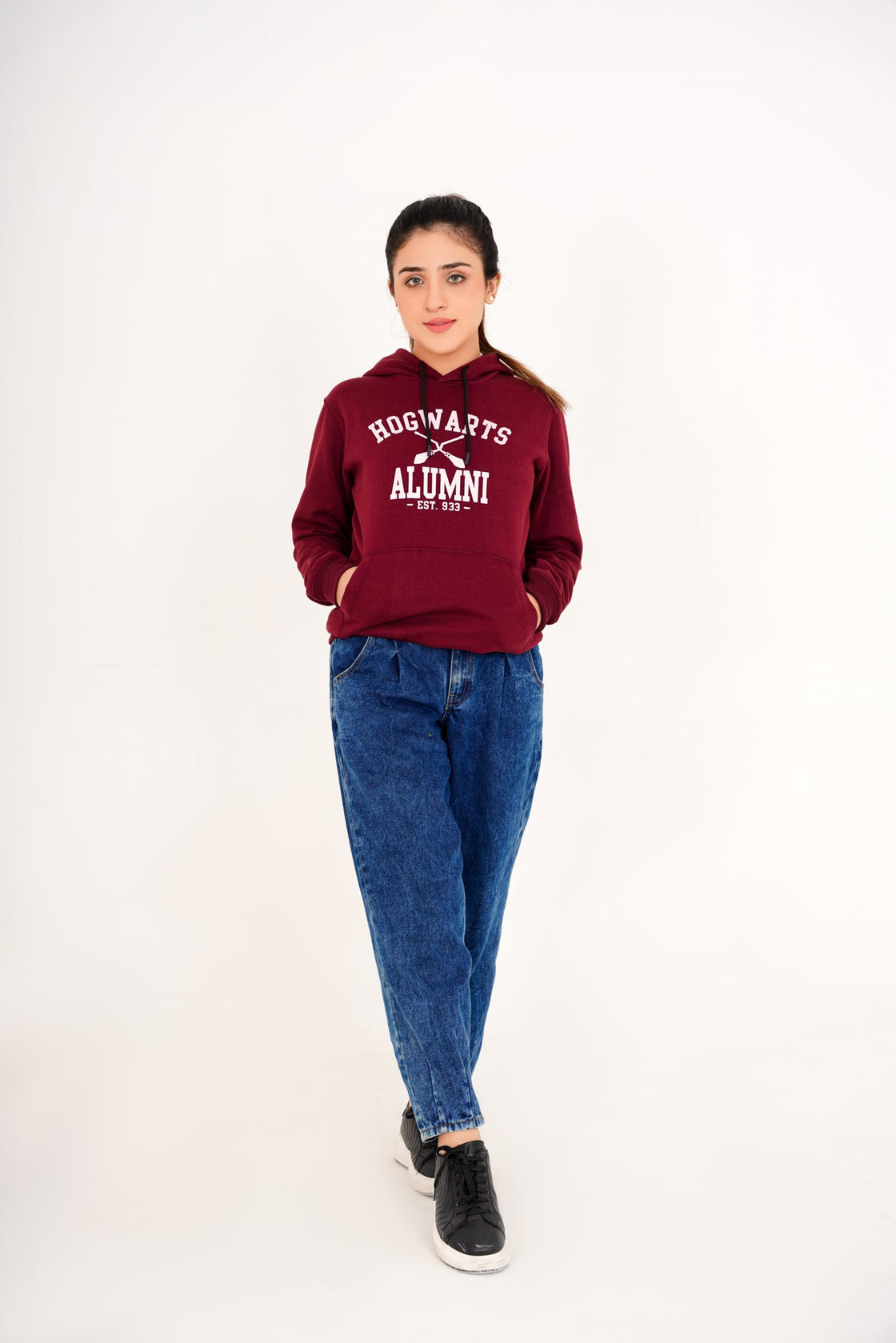 Maroon Printed Hoodie For Women