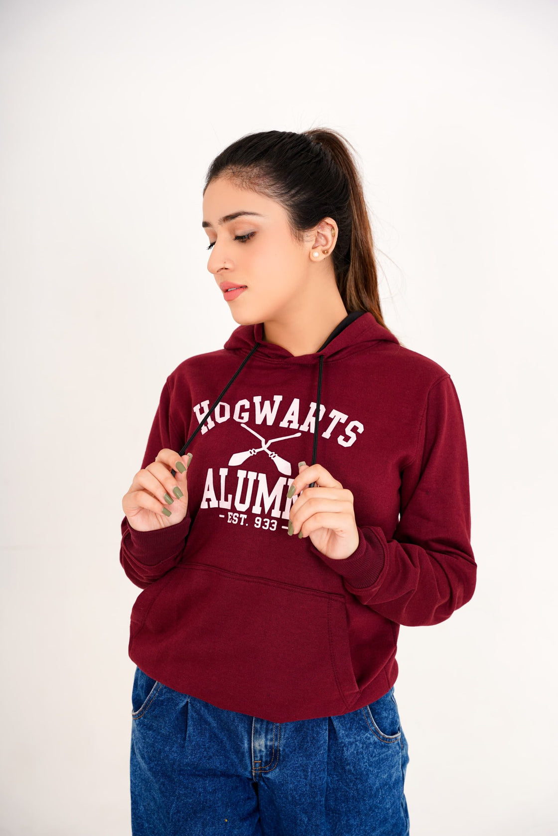 Maroon Printed Hoodie For Women