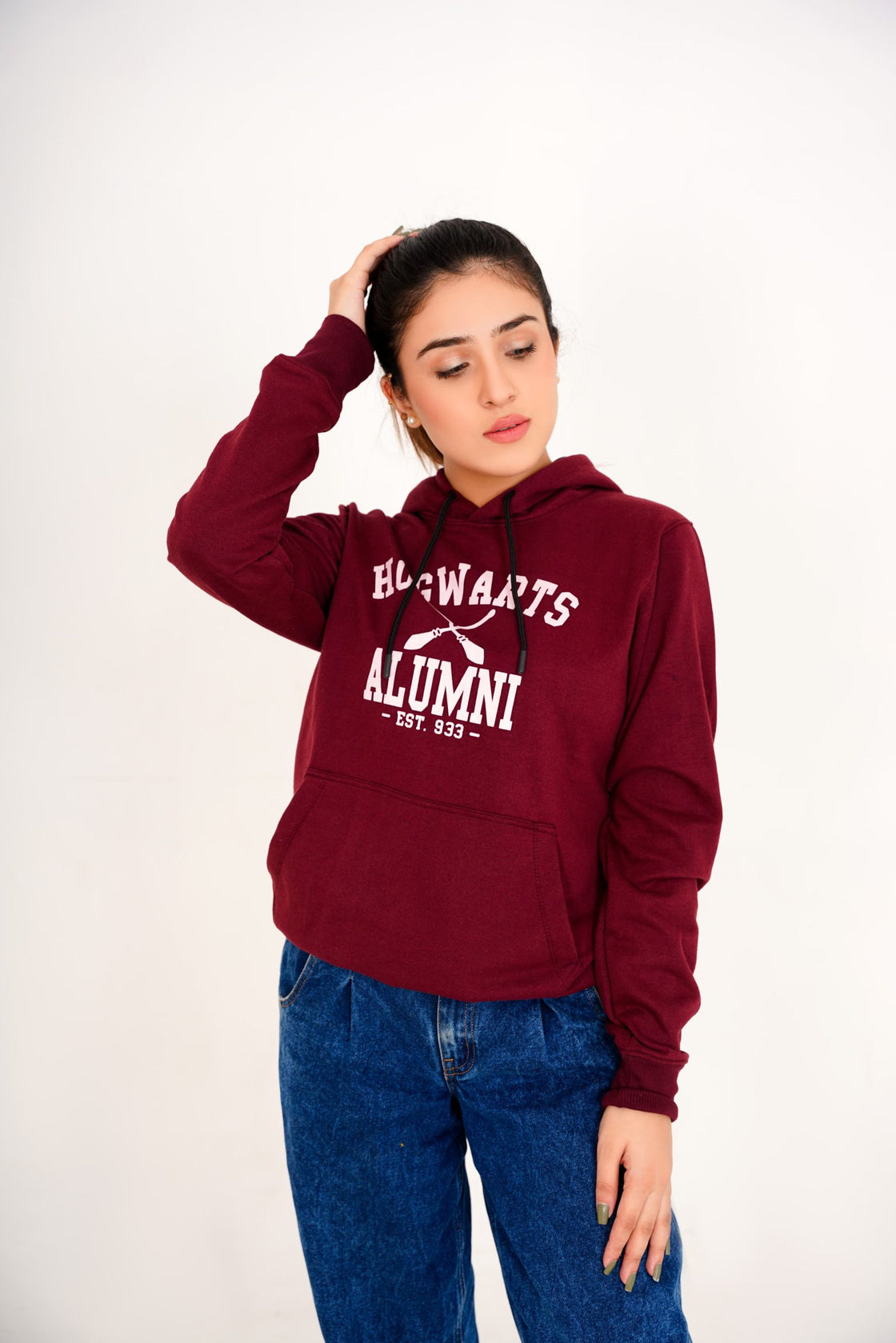 Maroon Printed Hoodie For Women