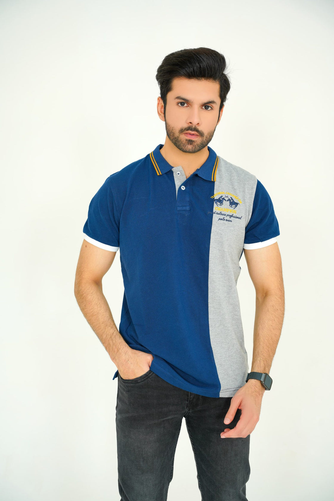 Navy & Heather Polo with Mustard Tipping