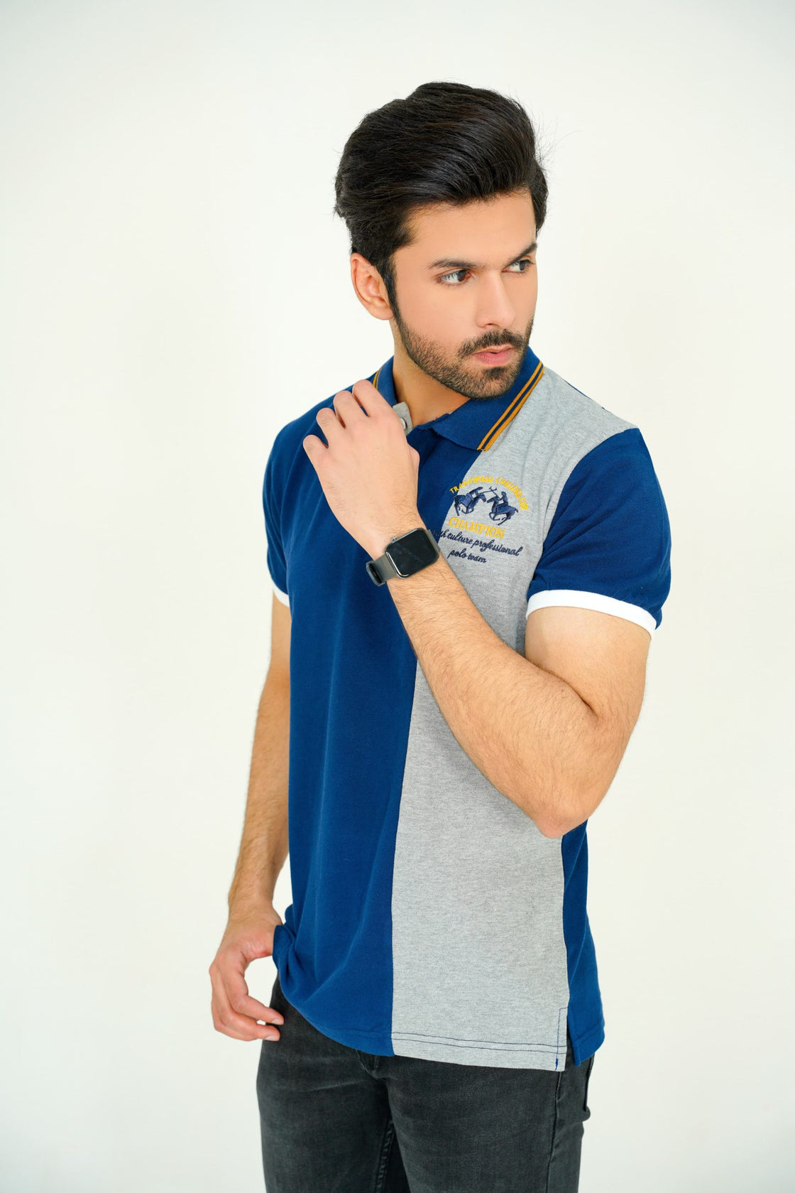 Navy & Heather Polo with Mustard Tipping